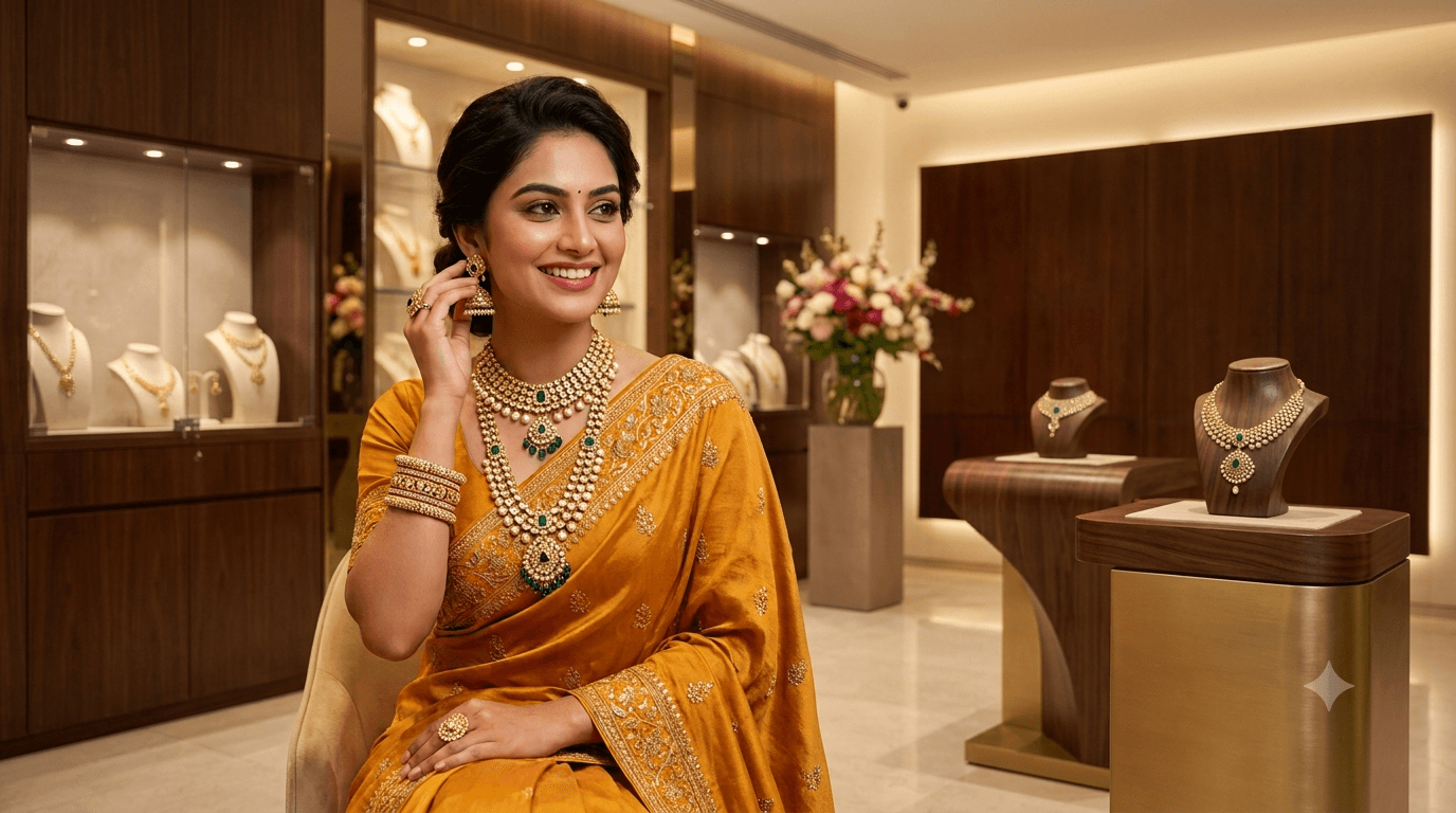 Model wearing The Zire fashion jewellery in an elegant jewellery boutique