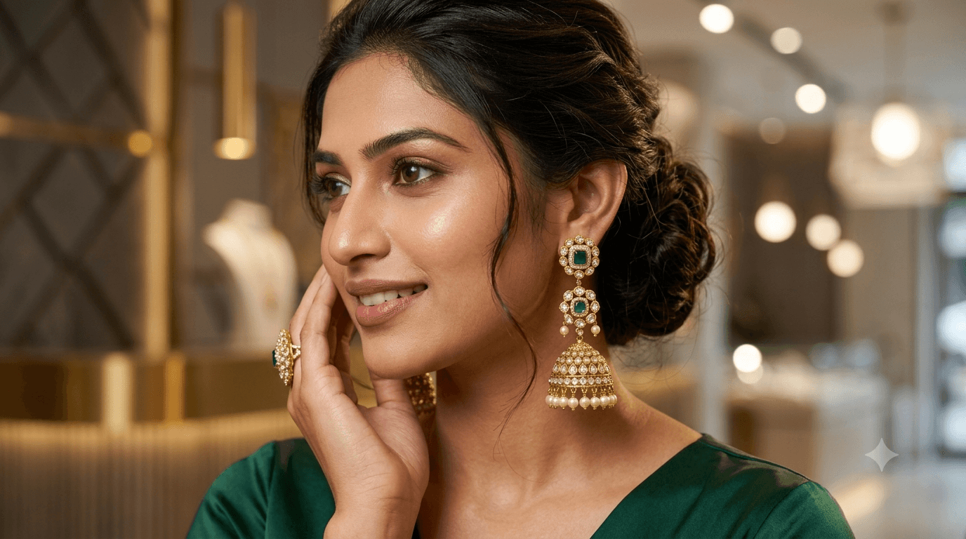 Model wearing fashion jewellery in a warm editorial setting